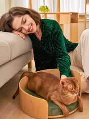 woman-sitting-on-floor-leaning-against-sofa-petting-abyssinian-cat-lying-in-medog-green-kamamuta-cuddle-pet-bed