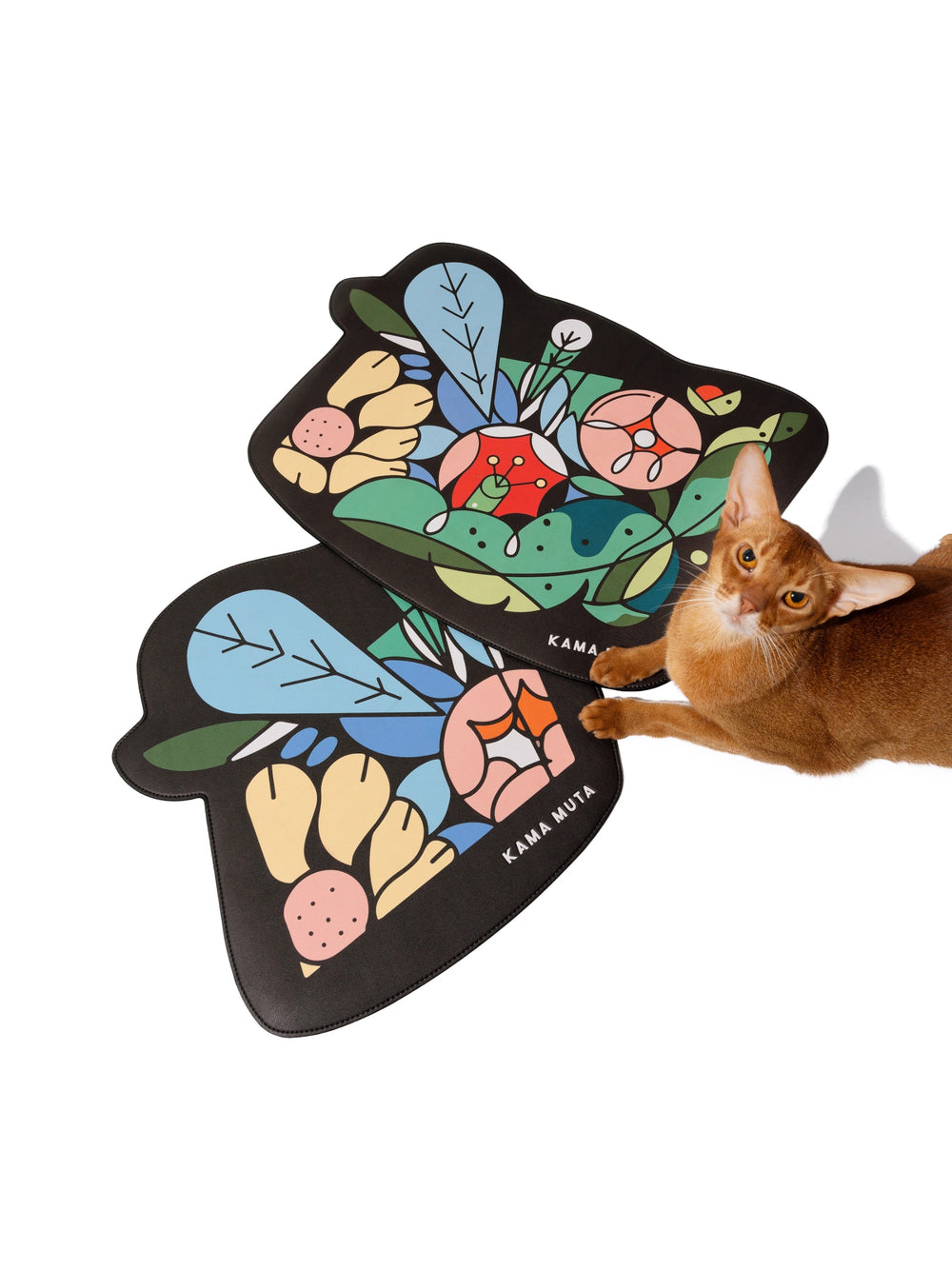 abyssinian-cat-looking-up-with-paws-on-kamamuta-dream-garden-human-pet-friendly-placemats-set-on-white-background
