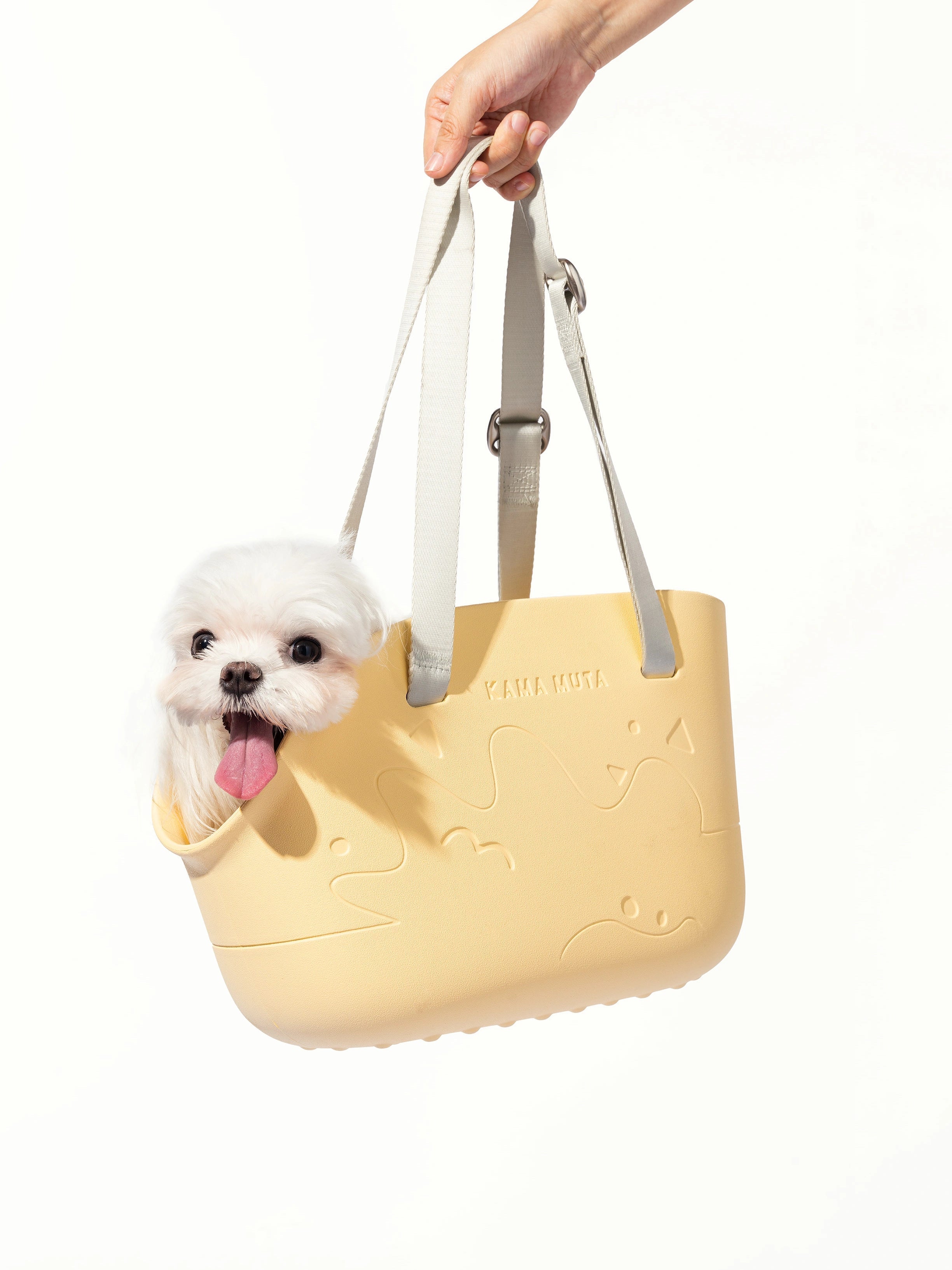 hand-holding-kamamuta-mini-pet-tote-carrier-bag-with-white-maltese-dog-head-out-tongue-out hand-holding-kamamuta-mini-pet-tote-carrier-bag-with-white-maltese-dog-head-out-tongue-out