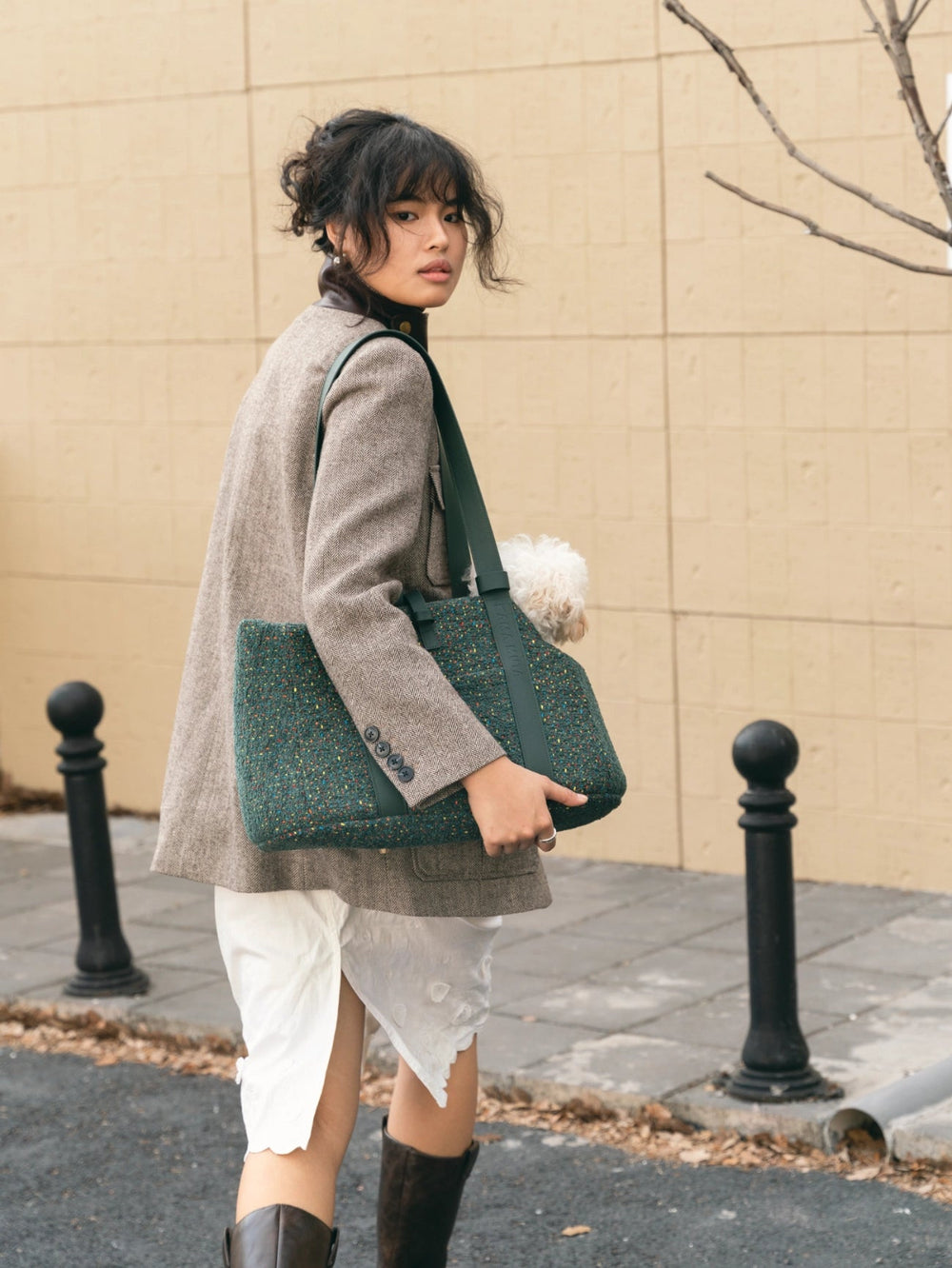 woman-walking-on-street-carrying-kamamuta-medog-green-mini-tweed-tote-bag-with-small-dog-inside
