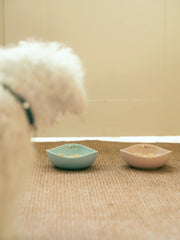 white-dog-looking-at-green-and-pink-kamamuta-pet-pod-bowls-filled-with-food