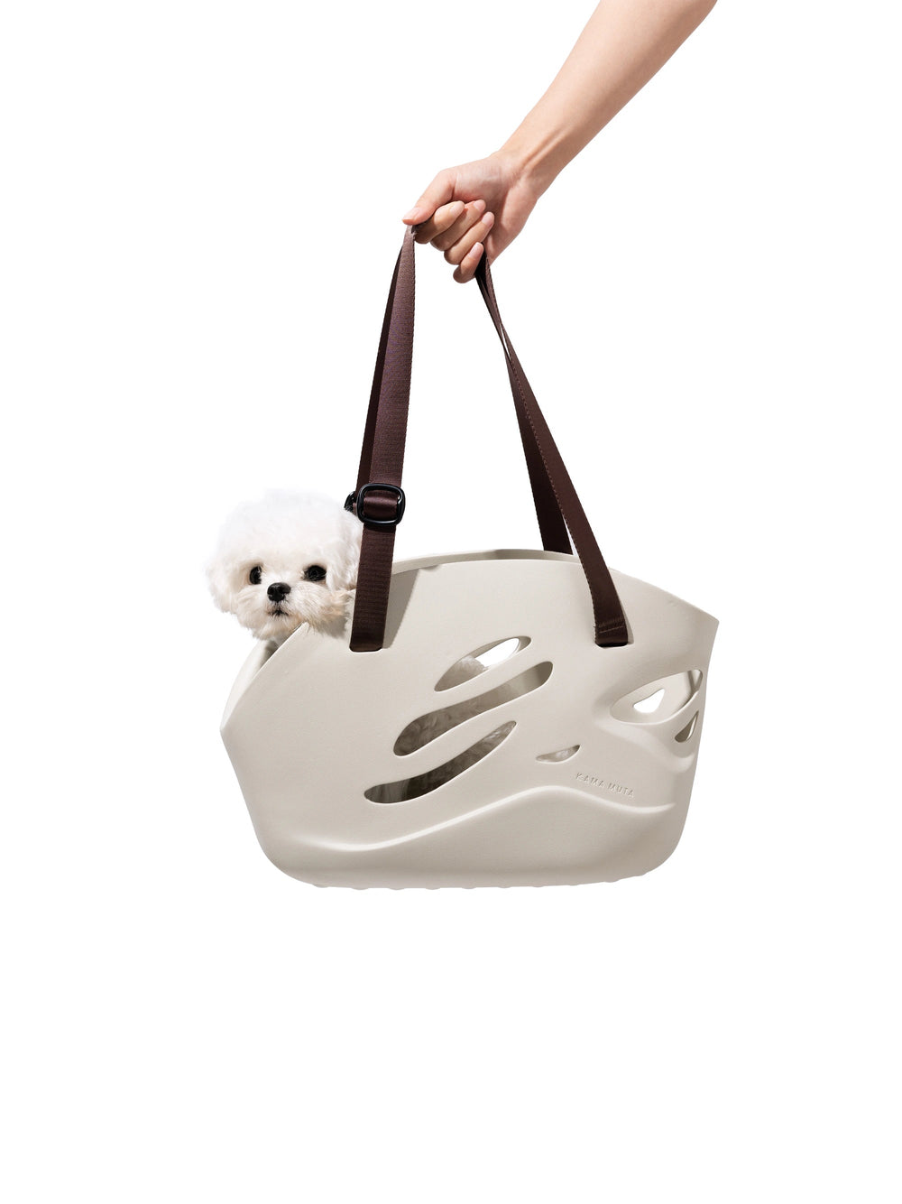 kamamuta-wave-pet-tote-carrier-with-maltese-dog-inside-held-by-hand-on-white-background
