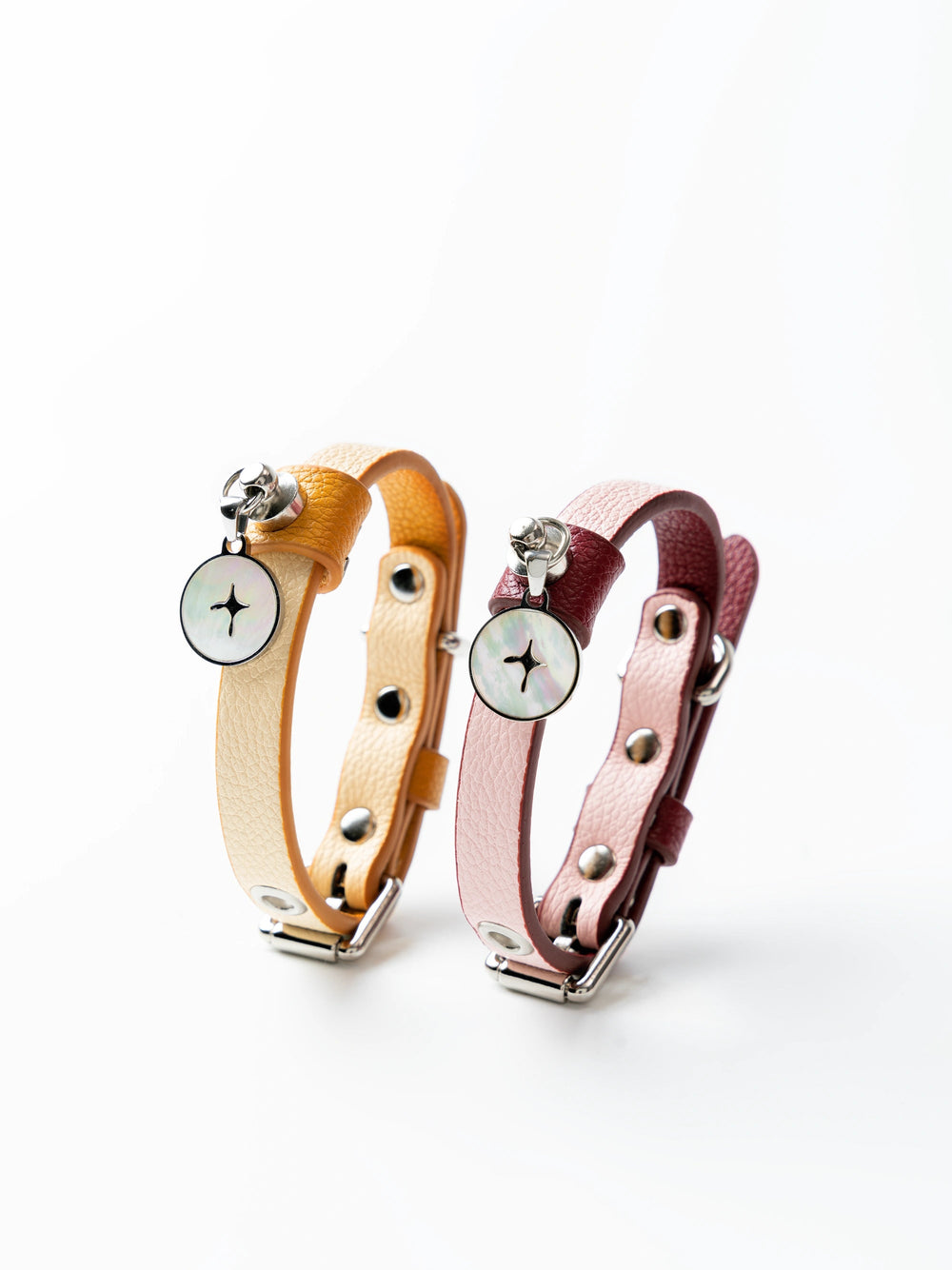 close-up-of-kamamuta-yellow-and-pink-dog-collar-on-white-background