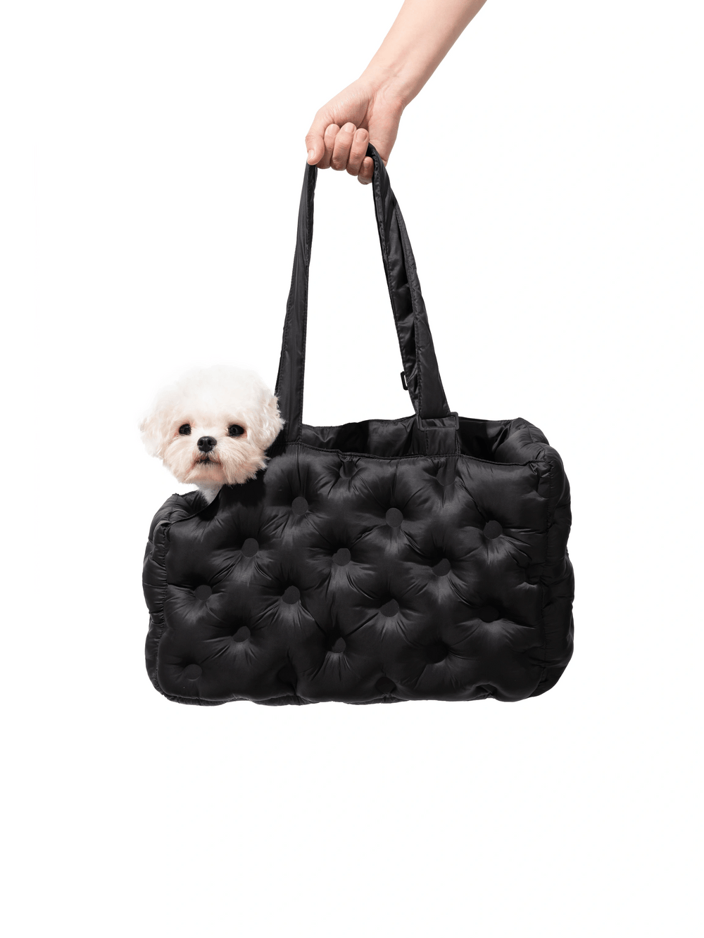hand-holding-black-kamamuta-airy-pet-bag-with-white-small-dog-sitting-inside-peeking-out-from-side-slanted-opening