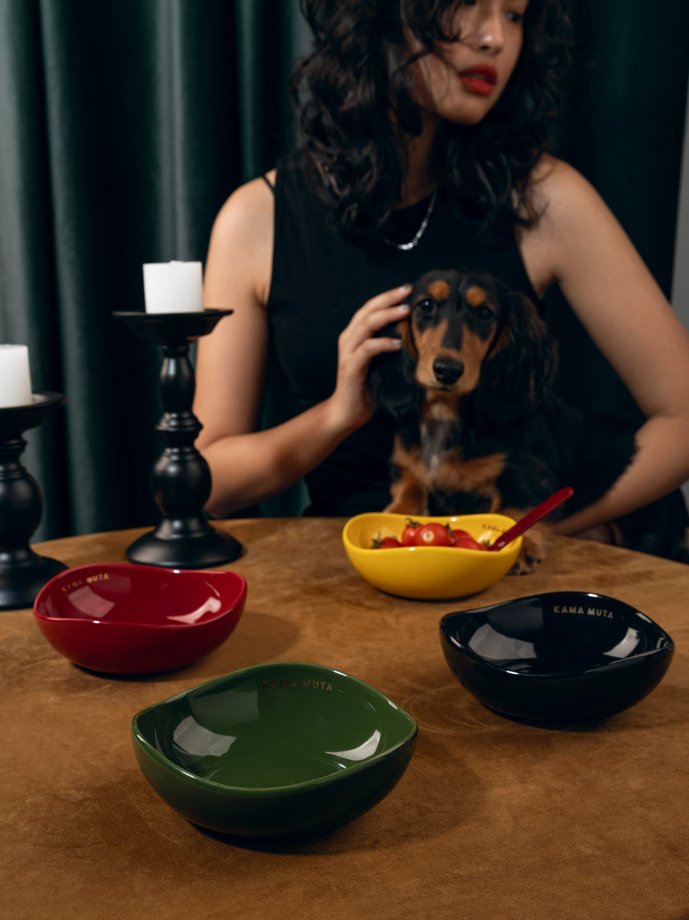 woman-sitting-at-table-holding-dachshund-with-red-green-black-yellow-kamamuta-pet-pod-bowls-on-table