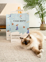 cat-lying-on-carpet-in-front-of-kamamuta-tofu-cat-litter-with-home-interior-background