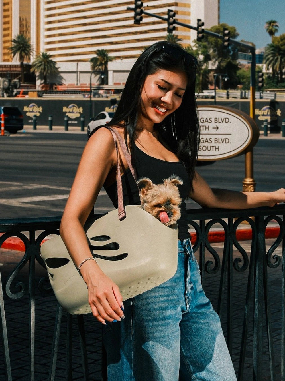 woman-on-street-carrying-kamamuta-wave-pet-bag-with-yorkshire-terrier-sitting-inside